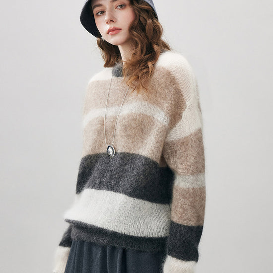 COMOBOCA Women's Mohair Striped Round Neck Sweater