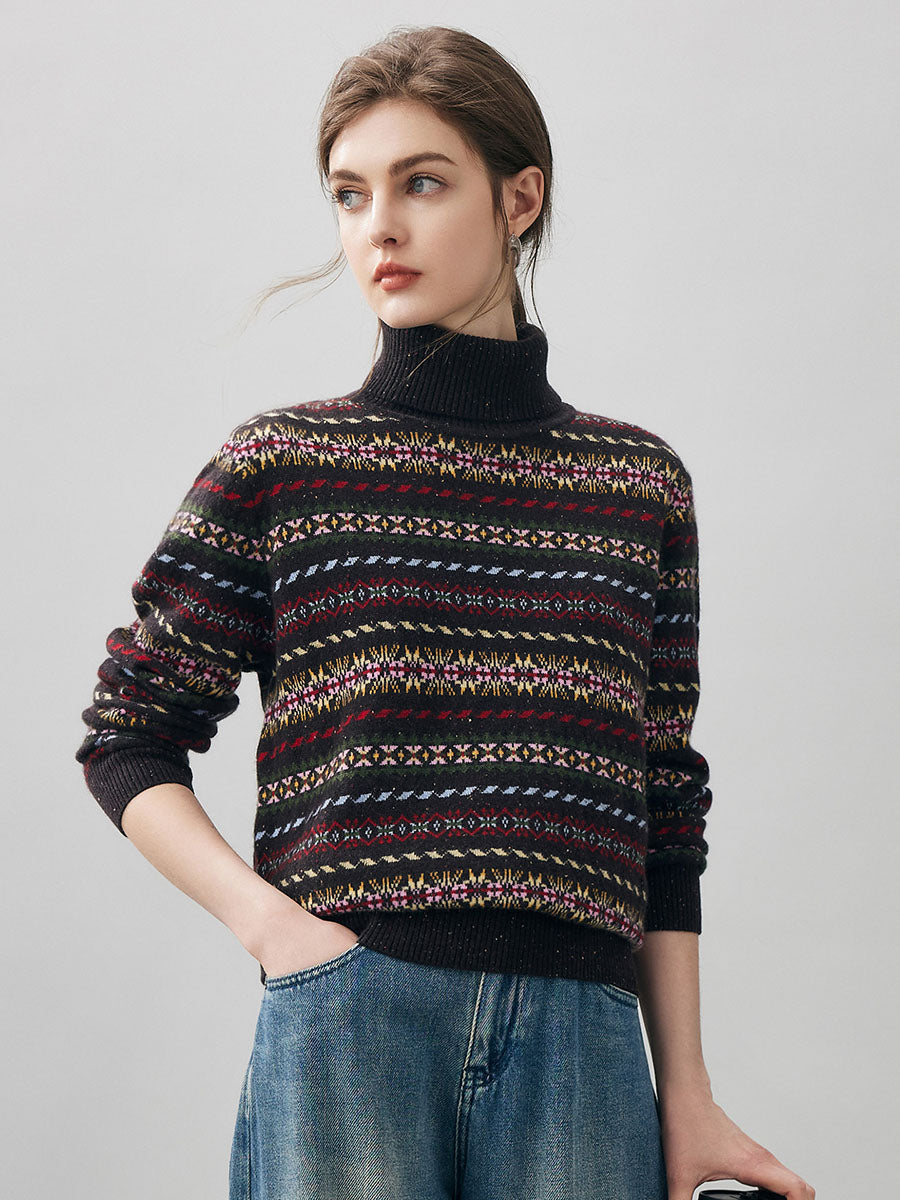 COMOBOCA 100% Cashmere Women's Fair Isle Turtleneck Sweater