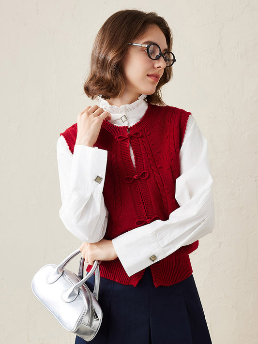 COMOBOCA Red 100% Cashmere Women's Bow Detailing Cable Knit Vest
