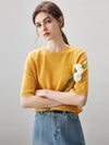 COMOBOCA Yellow 100% Cashmere Women's Embroidered Logo Short Sleeve Sweater