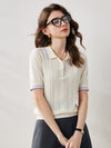 COMOBOCA Women's Cable Color Trimmed Knit Polo T-Shirt