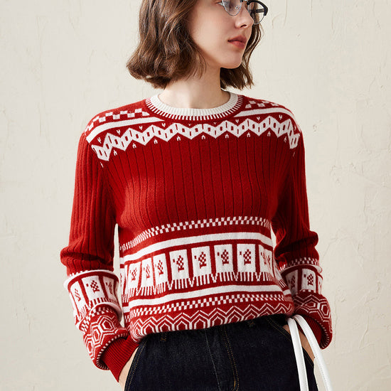COMOBOCA Red 100% Cashmere Women's Sweater with Abstract Design