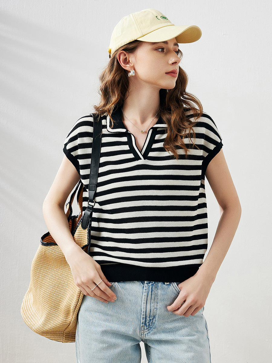 COMOBOCA Black Women's Striped Polo Knit T-Shirt