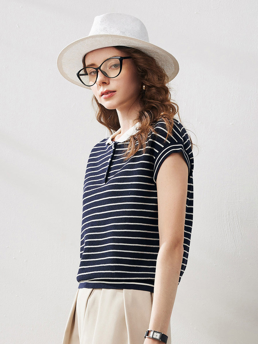 COMOBOCA Women's Cotton Silk Striped Knit Polo Shirt