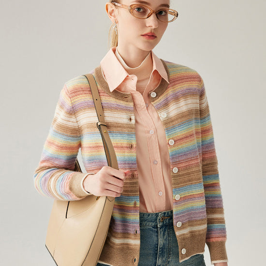 COMOBOCA Striped 100% Cashmere Women's Striped Button Down Cardigan