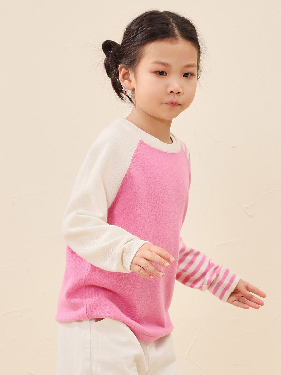 COMOBOCA 100% Wool Kid's Color Block Striped Sleeve Knit Sweater