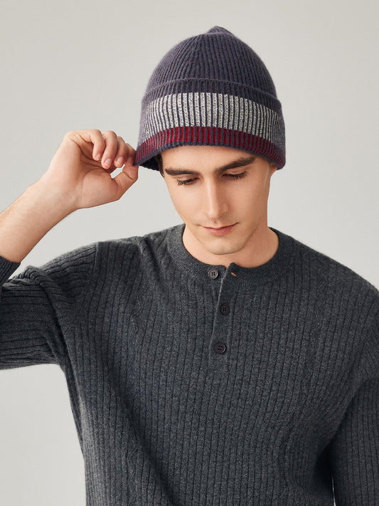 COMOBOCA Purple Gray 100% Wool Men's Striped Ribbed Knit Beanie