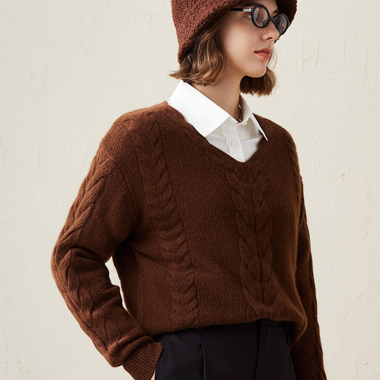 COMOBOCA Coffee 100% Cashmere Women's Cable Knit V-Neck Sweater