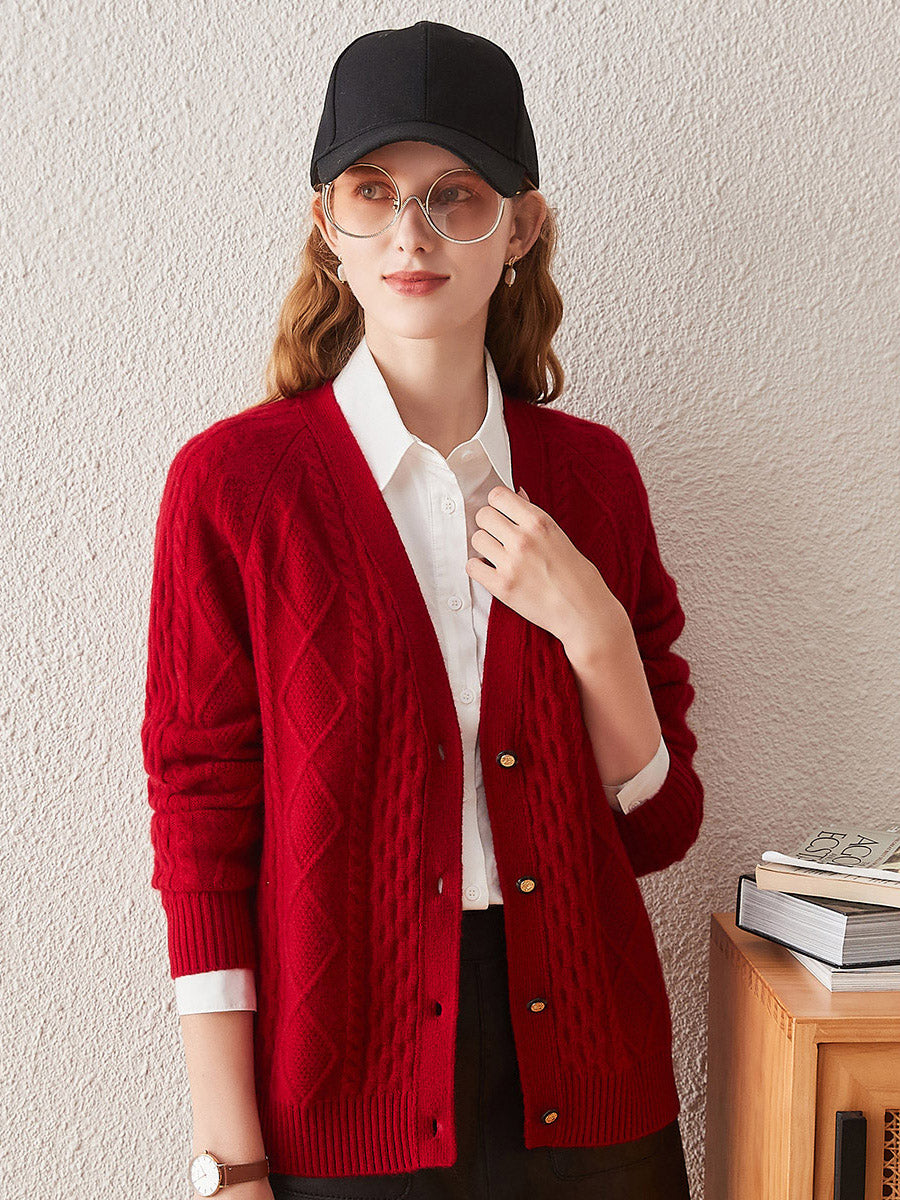COMOBOCA Red 100% Cashmere Women's V-Neck Cable Knit Cardigan