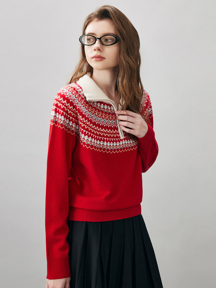 COMOBOCA 100% Wool Women's Fair Isle Zip Up Sweater