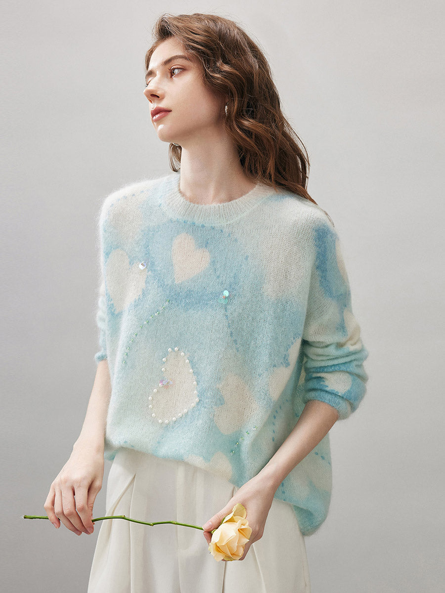 COMOBOCA Women's Heart Printed Round Neck Sweater