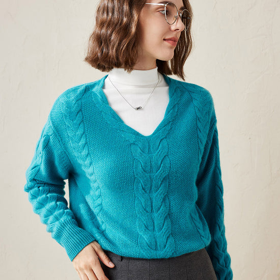 COMOBOCA Turquoise 100% Cashmere Women's Cable Knit V-Neck Sweater