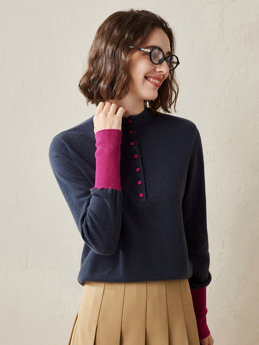 COMOBOCA Dark Slate 100% Cashmere Women's Button Down Contrast Cuff Knit Sweater