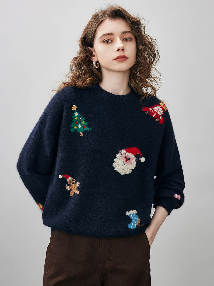 COMOBOCA Women's Wool Christmas Themed Round Neck Sweater