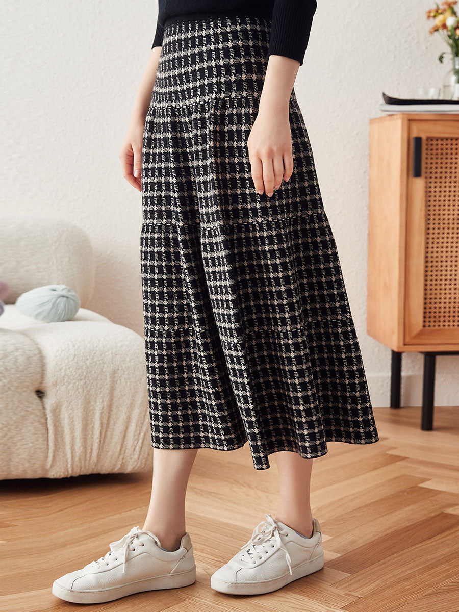 COMOBOCA Black Women's Plaid Wool Knit A Line Skirt