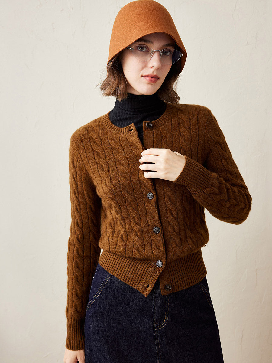COMOBOCA Coffee 100% Cashmere Women's Cable Knit Button Cardigan