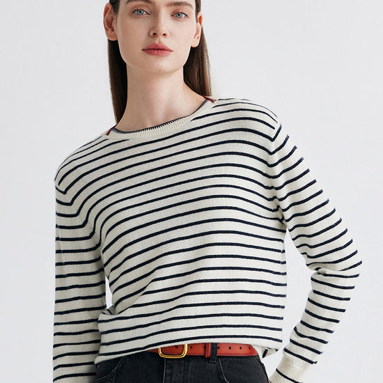 COMOBOCA 100% Cashmere Women's Striped Round Neck Sweater
