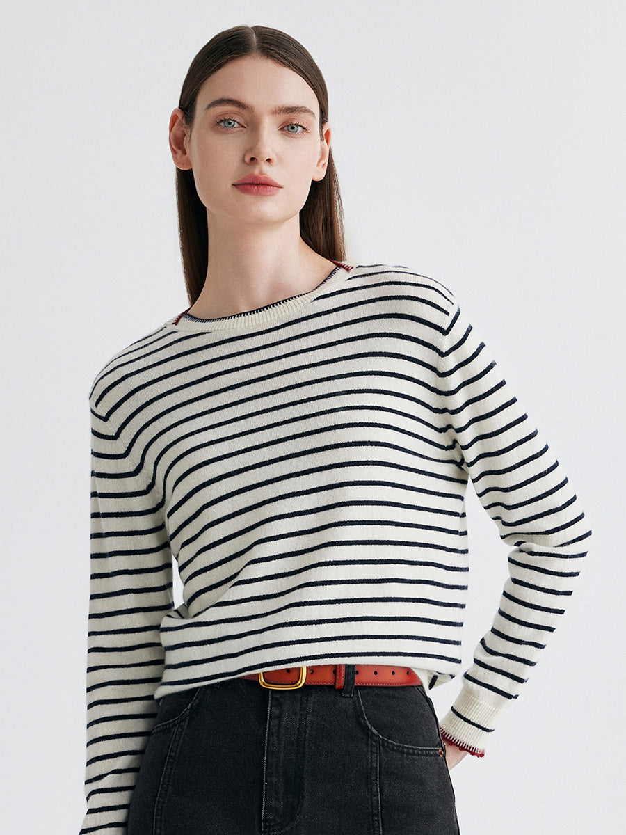 COMOBOCA 100% Cashmere Women's Striped Round Neck Sweater
