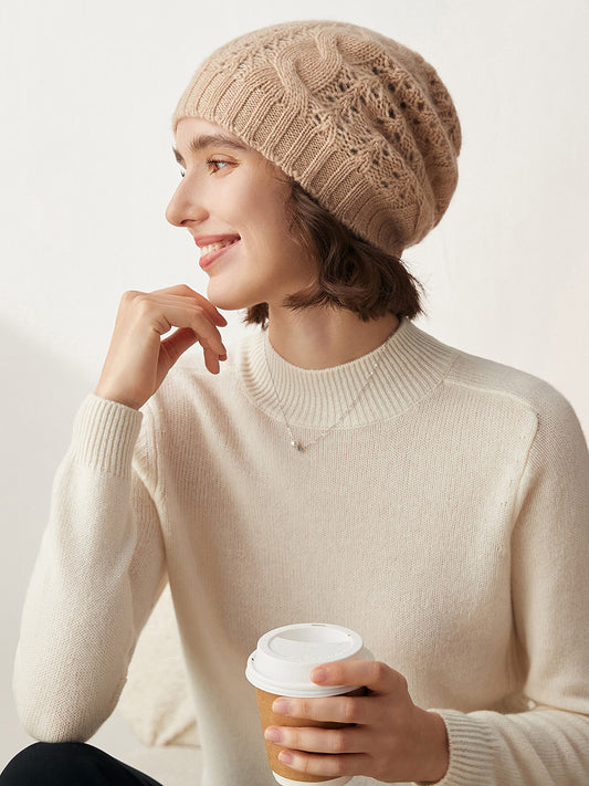COMOBOCA Beige 100% Cashmere Classic Cable Knit Beanie