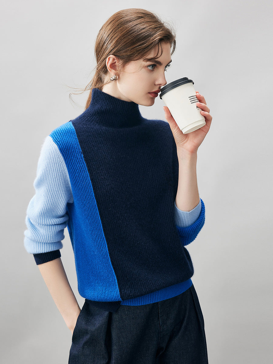 COMOBOCA 100% Cashmere Women's Color Block Turtleneck Sweater
