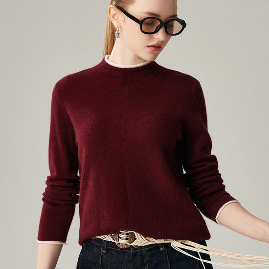 COMOBOCA Deep Red 100% Cashmere Women's Ribbed Contrast Trim Sweater