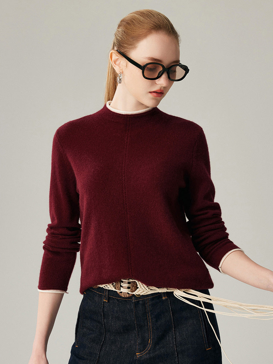 COMOBOCA Deep Red 100% Cashmere Women's Ribbed Contrast Trim Sweater