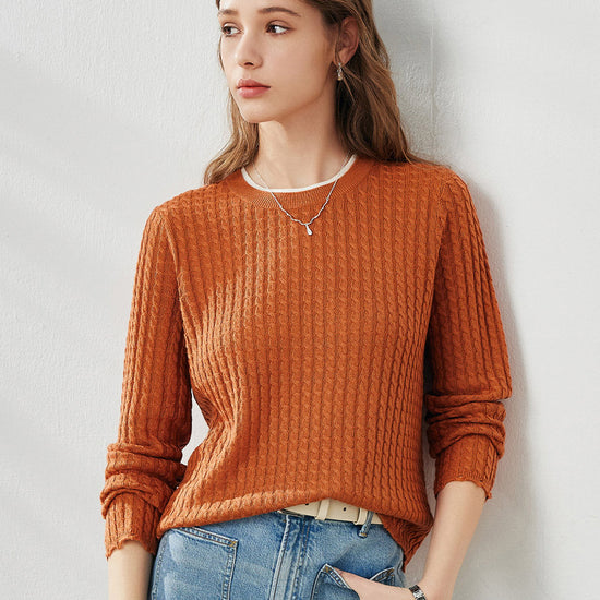 COMOBOCA Orange Women's Cable Knit Ribbed Sweater