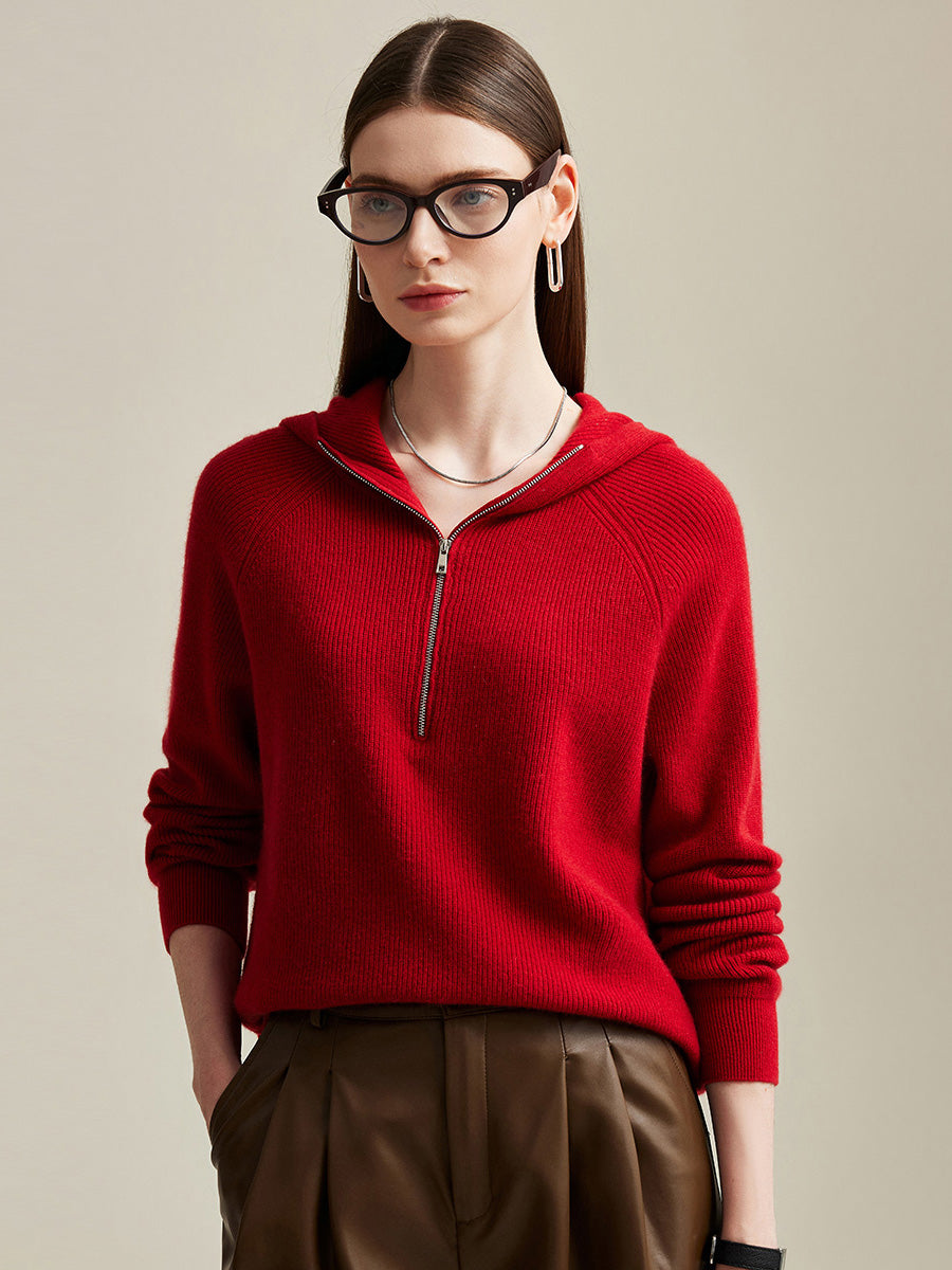 COMOBOCA 100% Cashmere Women's Zip-Up Ribbed Hoodie