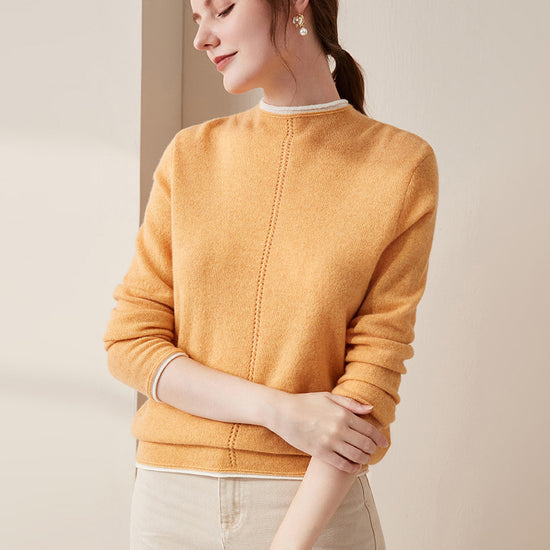 COMOBOCA Orange 100% Cashmere Women's Ribbed Contrast Trim Sweater