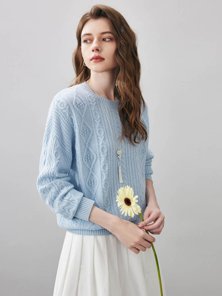 COMOBOCA 100% Wool Women's Cable Round Neck Knit Sweater