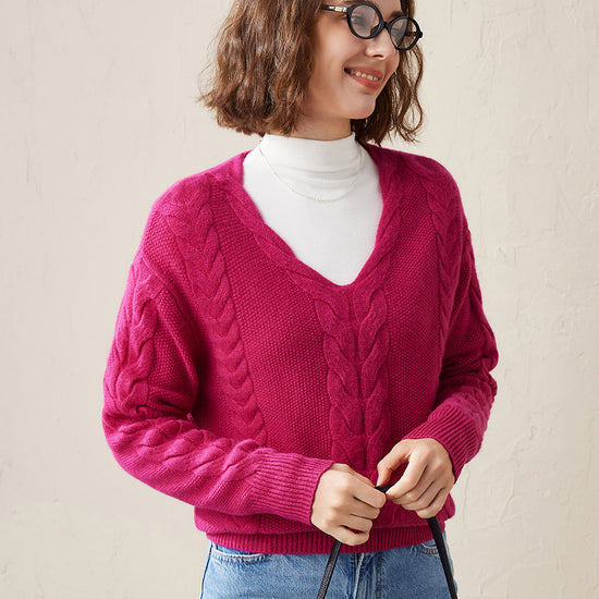 COMOBOCA Rosy 100% Cashmere Women's Cable Knit V-Neck Sweater