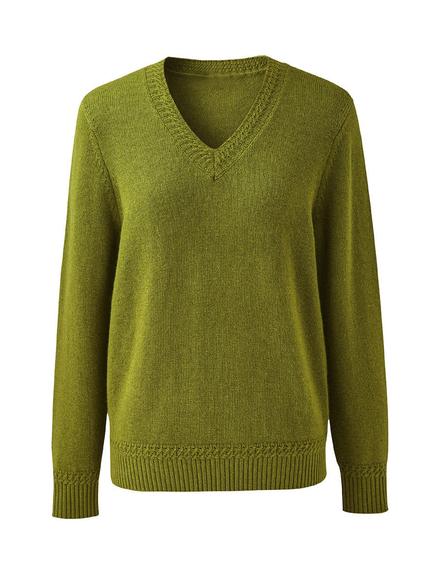 COMOBOCA 100% Wool Women's V-Neck Ribbed Knit Sweater