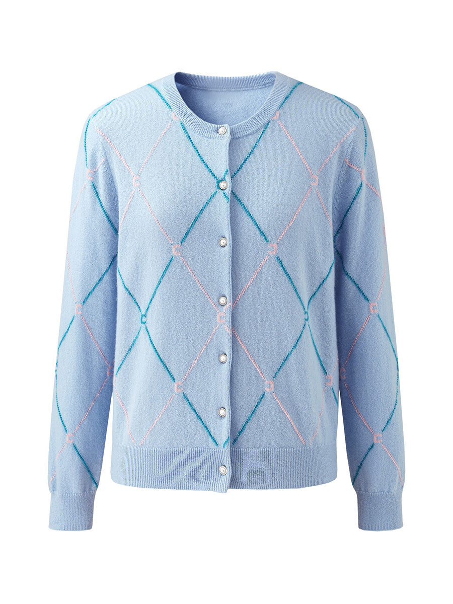 COMOBOCA 100% Cashmere Women's Diamond Patterned Pearl Button Cardigan