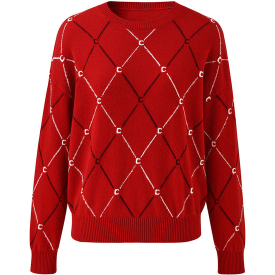 COMOBOCA 100% Cashmere Women's Diamond Patterned Round Neck Sweater