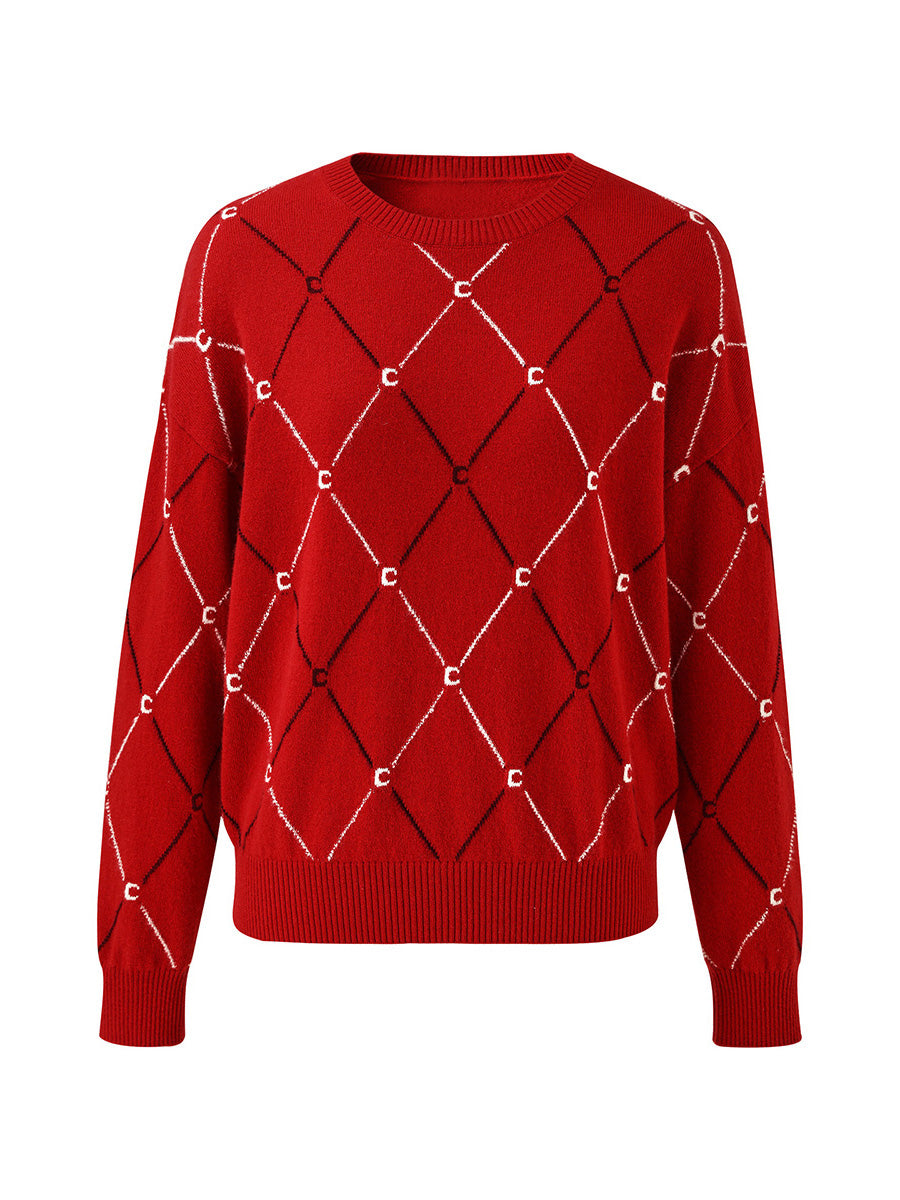 COMOBOCA 100% Cashmere Women's Diamond Patterned Round Neck Sweater