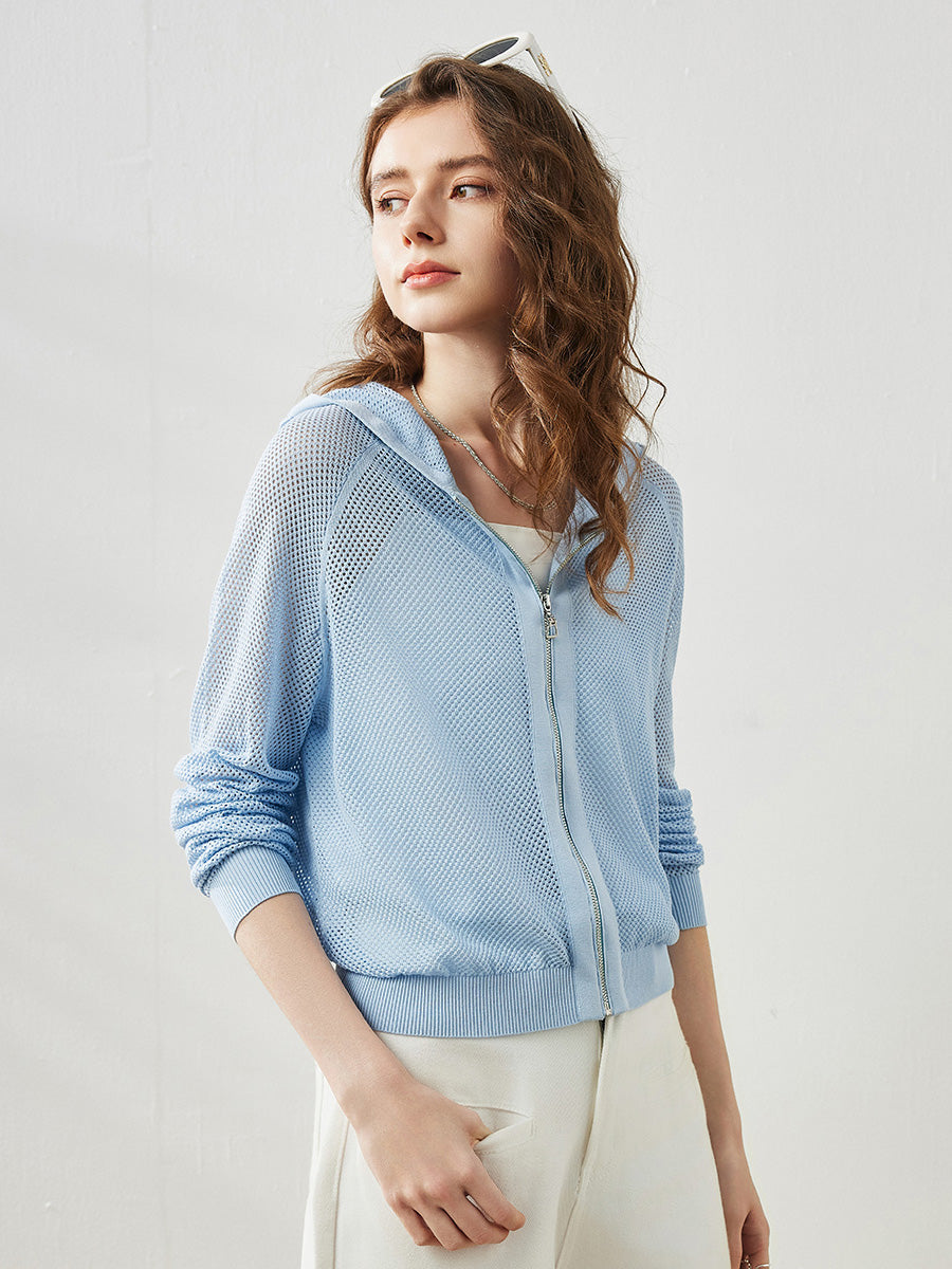 COMOBOCA Women's Ribbed Mesh Zip-Up Hoodie
