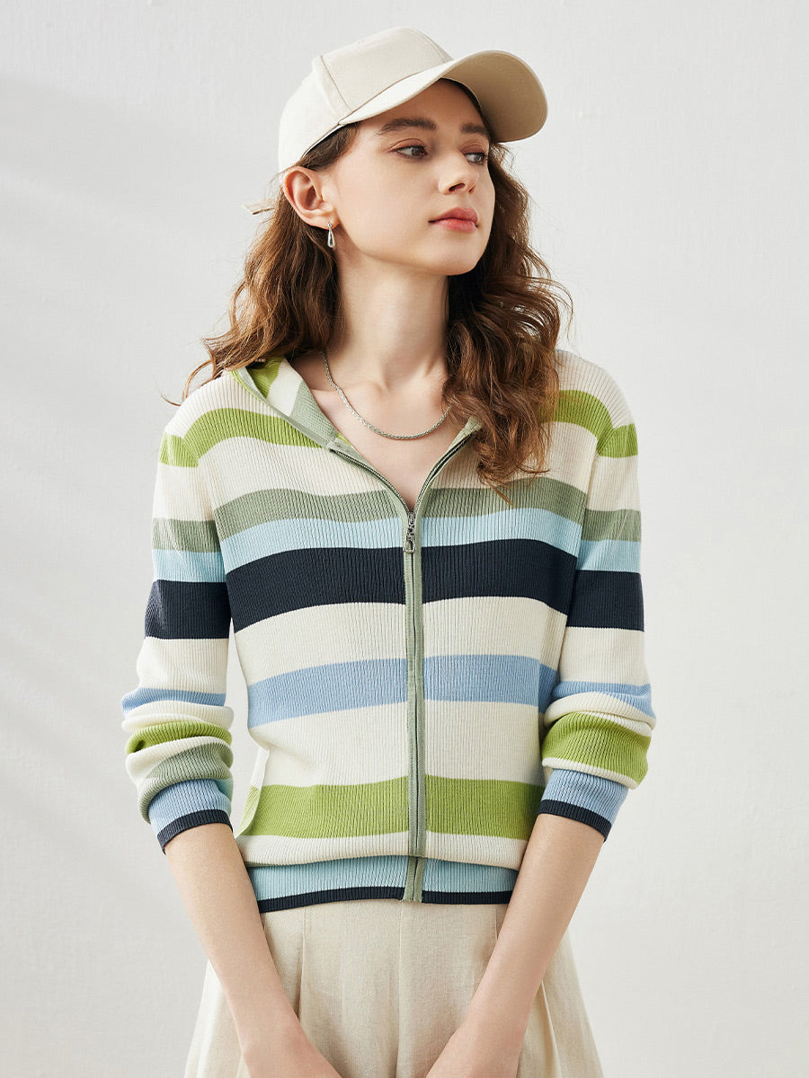 COMOBOCA Women's Versatile Striped Zip-Up Hoodie Cardigan