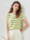 COMOBOCA Bright Green Women's Striped Ribbed Knit T-Shirt
