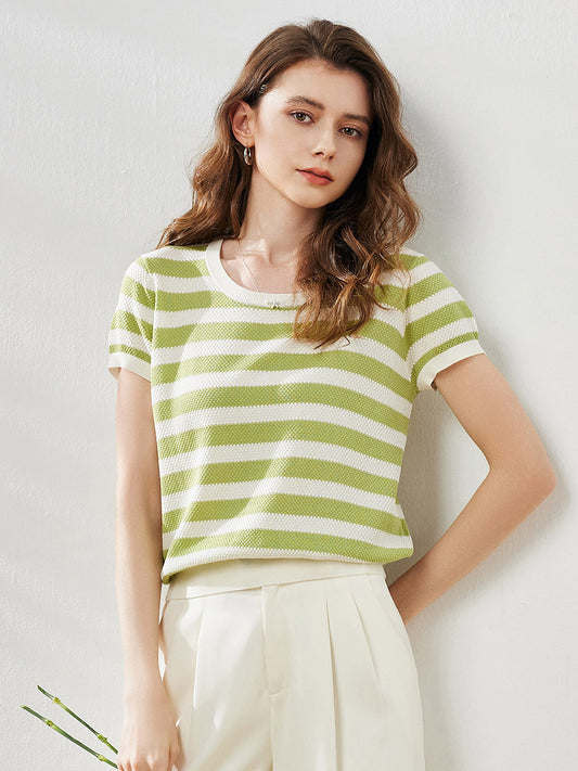 COMOBOCA Bright Green Women's Striped Ribbed Knit T-Shirt