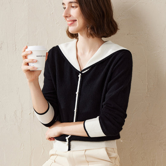 COMOBOCA 100% Cashmere Women's Sailor Collar Faux Cardigan