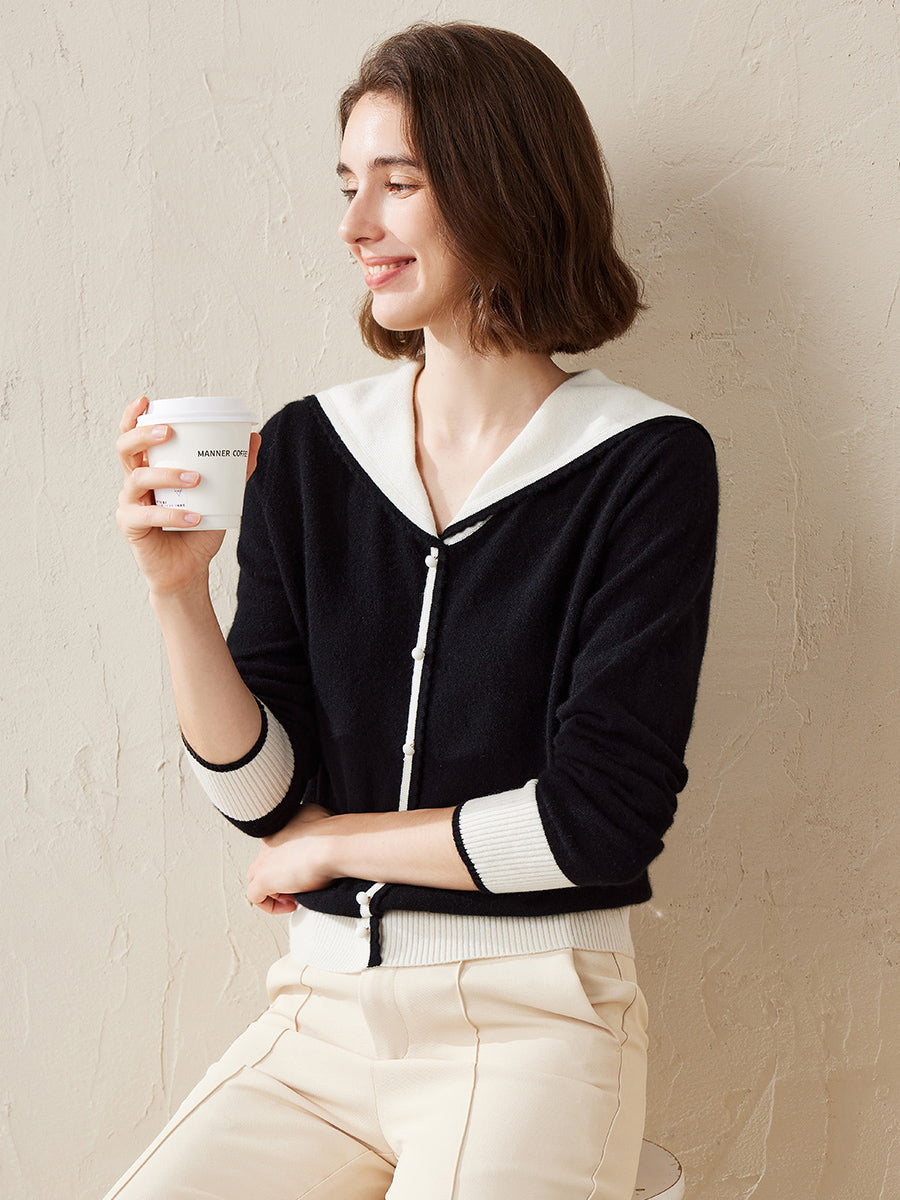 COMOBOCA 100% Cashmere Women's Sailor Collar Faux Cardigan
