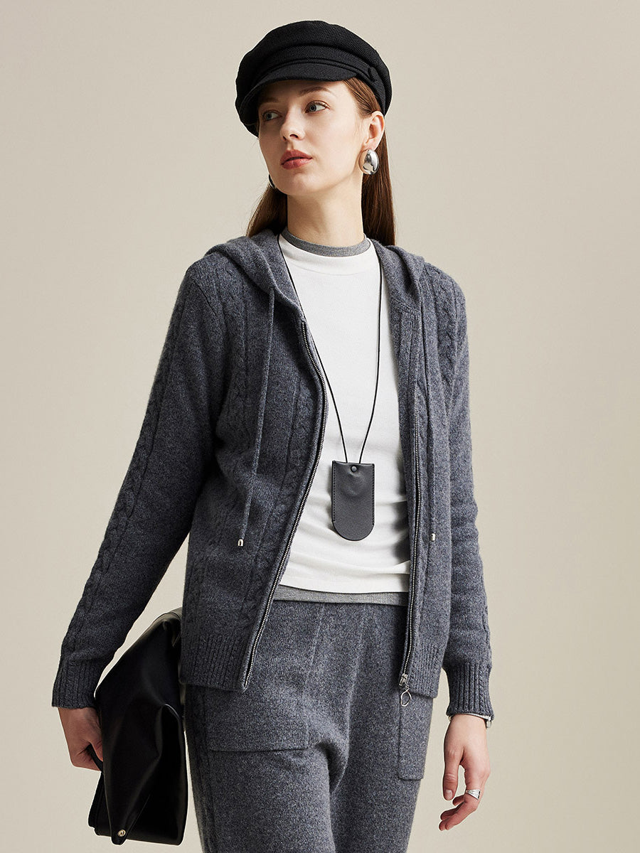 COMOBOCA 100% Wool Women's Cable Knit Zip Cardigan Hoodie