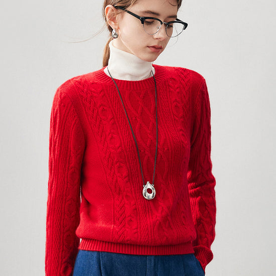 COMOBOCA 100% Cashmere Women's Cable Round Neck Knit Sweater
