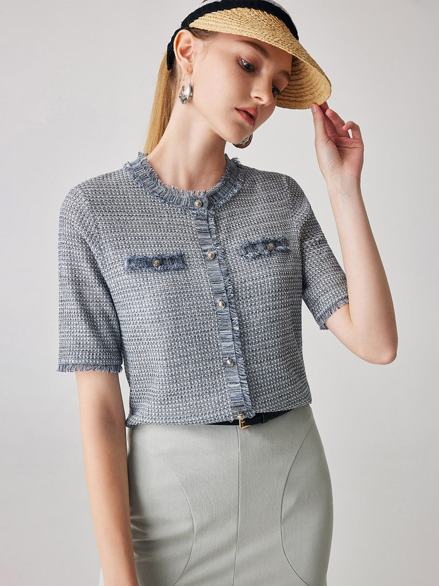 COMOBOCA Women's Cotton Silk Frayed Edge Button-Up Blouse