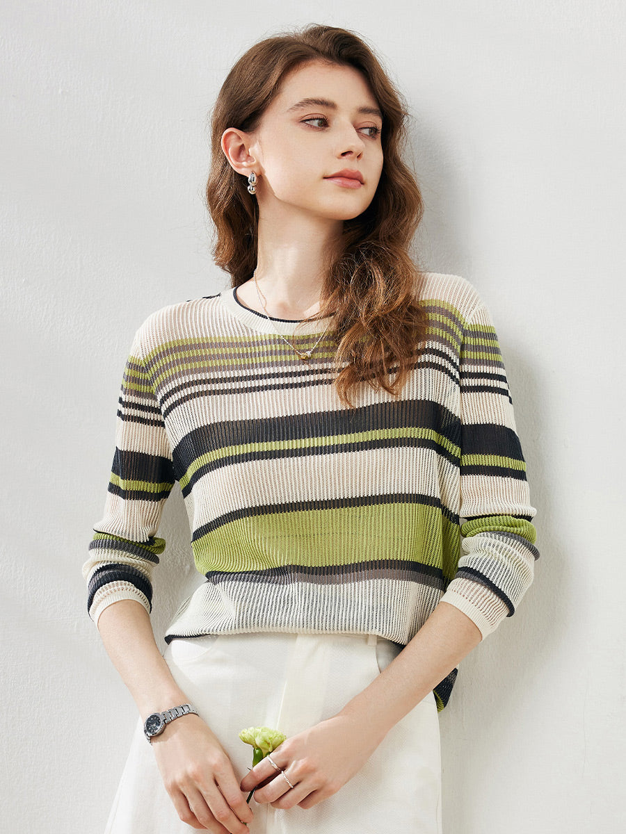 COMOBOCA Women's Striped Ribbed Round Neck Sweater