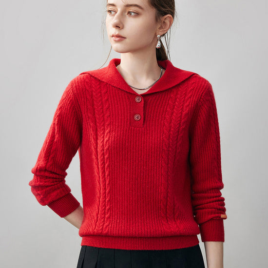 COMOBOCA S Red 100% Cashmere Women's Cable Sailor Collar Sweater