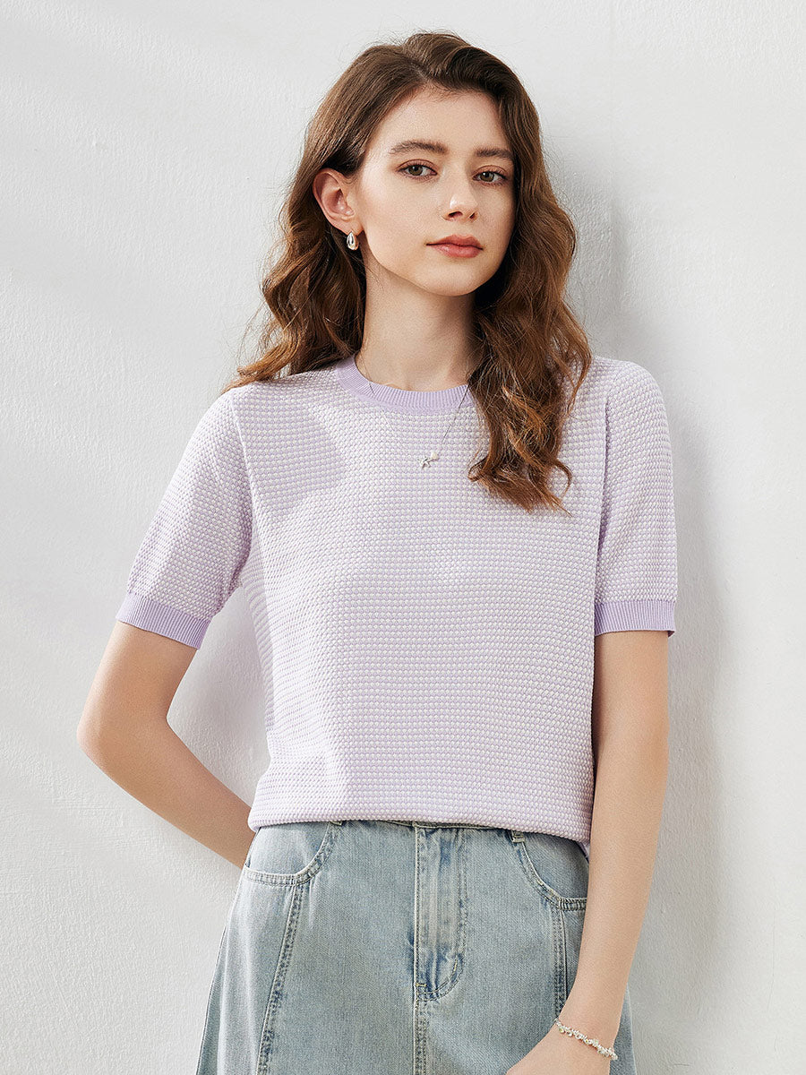 COMOBOCA Purple Women's Houndstooth Pattern Knit T-Shirt