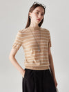 COMOBOCA 100% Wool Women's Mock Neck Striped Ribbed T-Shirt