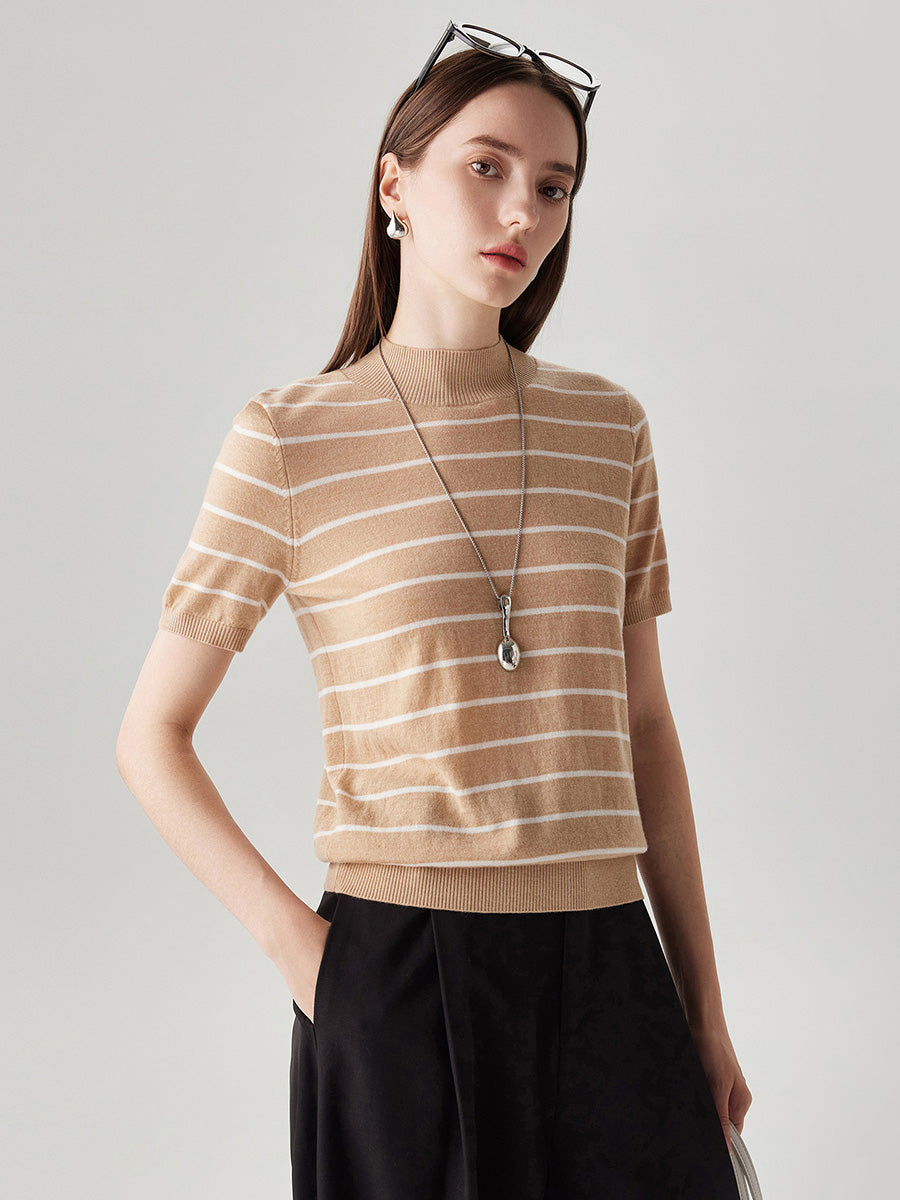COMOBOCA 100% Wool Women's Mock Neck Striped Ribbed T-Shirt