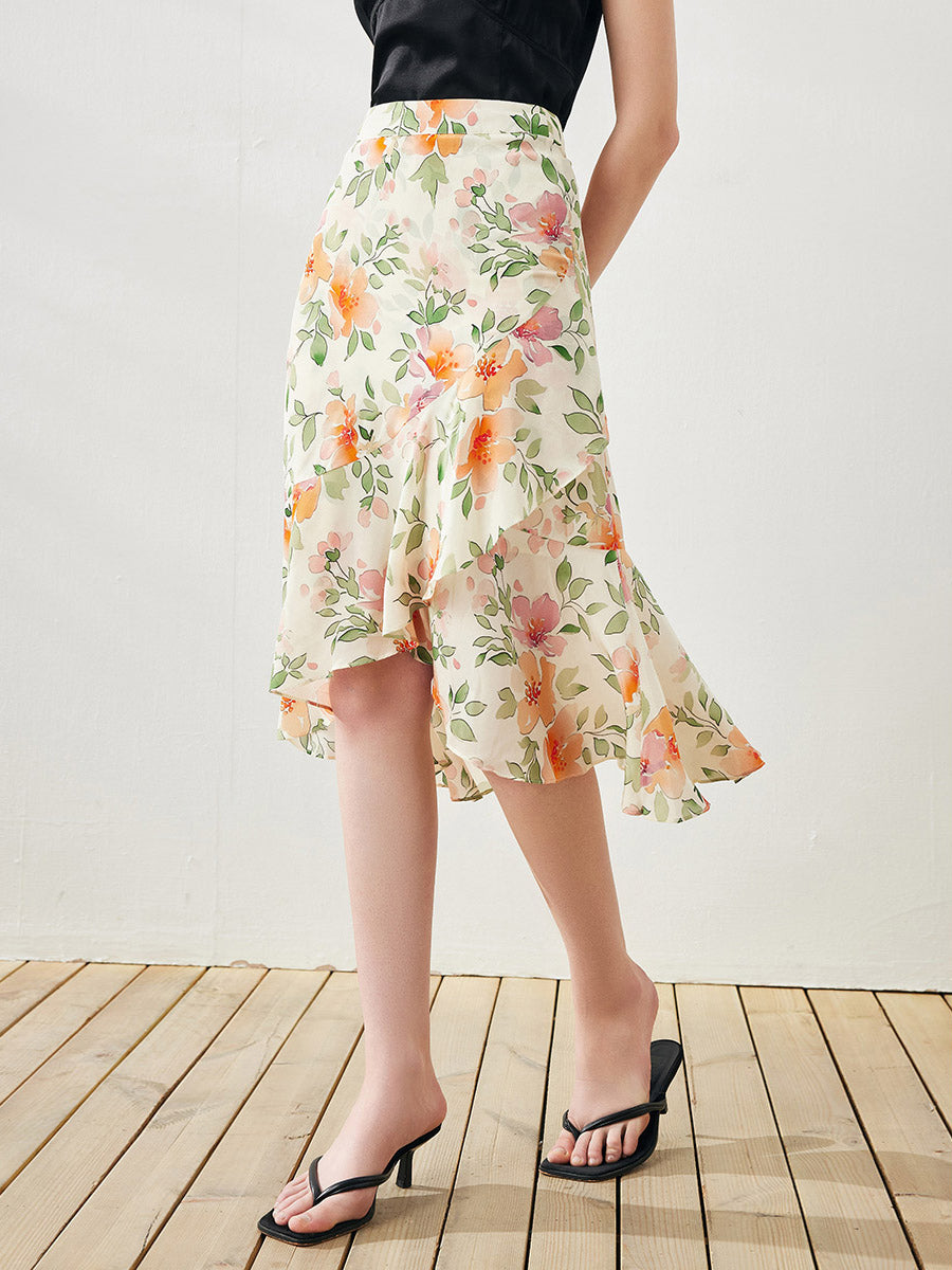 COMOBOCA Peach Blossom 100% Mulberry Silk Women's Floral Ruffle Midi Skirt
